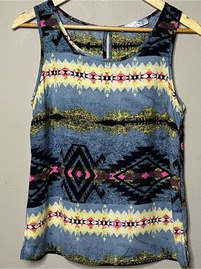 Whimsey Clothing Southwestern Geometric Print Blouse Women Small Blue Pink